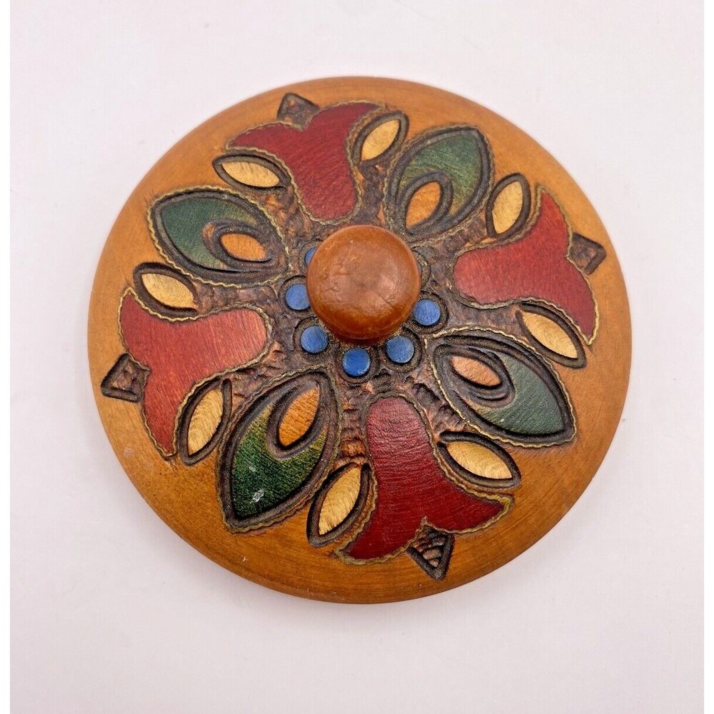 Round Hand Carved Wooden Painted Trinket Box Used - Picture 7 of 8